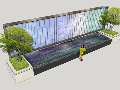 Modern Colorful Stained Glass Feature Wall With Wavy Water Surface And Side Trees 3d model