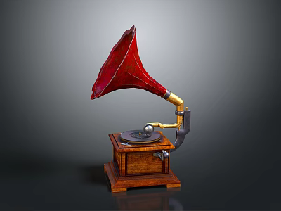 Vintage Gramophone With Red Horn Wooden Base And Turntable Metal Arm 3d model