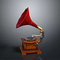 Vintage Gramophone With Red Horn Wooden Base And Turntable Metal Arm