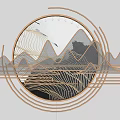 Circular Metal Frame Wall Decor With Mirror Mountain Pattern And Flying Birds 3d model