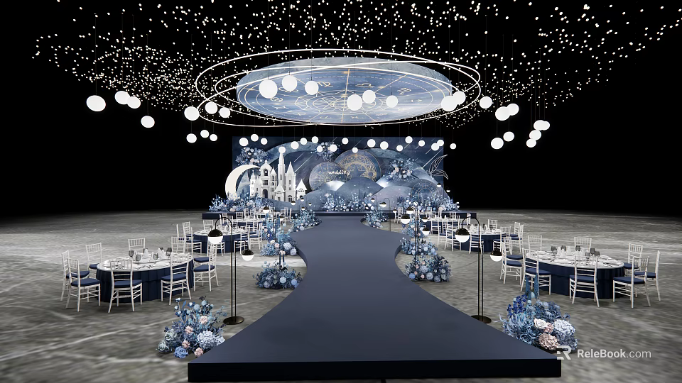 Elegant Blue Banquet Hall With Starry Ceiling Circular Chandelier And Castle Backdrop 3d model 