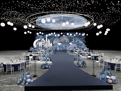 Elegant Blue Banquet Hall With Starry Ceiling Circular Chandelier And Castle Backdrop 3d model