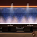 Modern Bar With Red Staircase Black Sofas Round Pendant Lights Circular Wall And Large Window