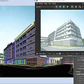 Modern Multi Story Office Building Exterior With Glass Windows And Green Trees