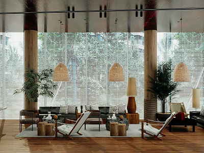Contemporary Natural Wood Style Sales Office Reception Area With Cozy Furniture And Large Glass Windows 3d model