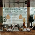 Contemporary Natural Wood Style Sales Office Reception Area With Cozy Furniture And Large Glass Windows