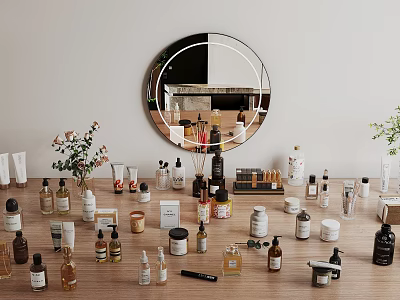 Various Perfumes And Cosmetics On Wooden Table With Round Mirror And Plants 3d model