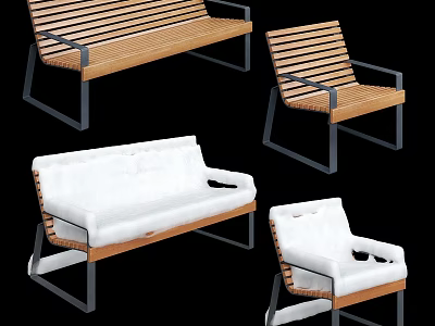 Ground Furniture Collection Featuring Wooden Benches And White Cushioned Chairs With Metal Frames 3d model
