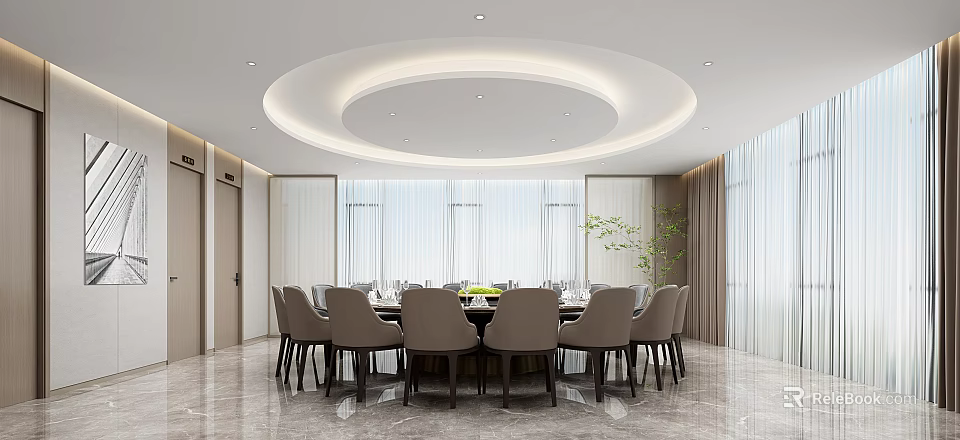 Modern Private Dining Room Interior With Round Table And Circular Ceiling Light 3d model