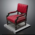 Vintage Red Patterned Upholstered Chair With Intricate Wooden Carved Frame And Armrests