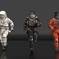 Three Astronauts In White Dark And Orange Spacesuits Running On Dark Studio Background