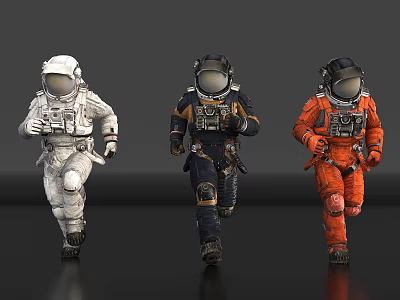 Three Astronauts In White Dark And Orange Spacesuits Running On Dark Studio Background 3d model