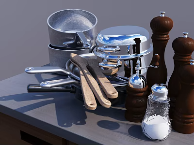 Cookware Utensil Set with Metal Pots Wooden Handle Spoons Salt Shaker Pepper Grinders on Counter 3d model