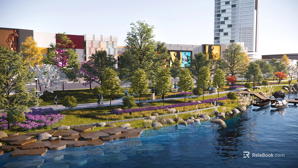 Urban Landscape Garden With Riverside Stones Green Trees Colorful Flowers Pathway And Tall Buildings 3d model 
