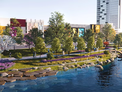 Urban Landscape Garden With Riverside Stones Green Trees Colorful Flowers Pathway And Tall Buildings 3d model