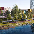 Urban Landscape Garden With Riverside Stones Green Trees Colorful Flowers Pathway And Tall Buildings