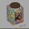 Square Jar With Brown Lid Filled With Colorful M&M's Candies Logo Cartoon Character Scattered