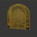 Arched Wooden Gate With Stone Frame Blue Copper Design Carved Patterns And Lit Wall Lamps