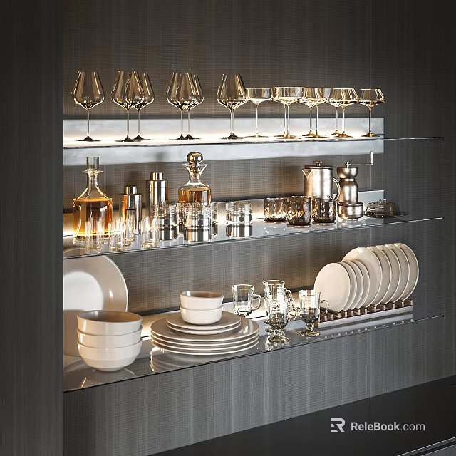 Modern Wine Cabinet Display With Wine Glasses Liquor Bottles Plates And Bowls 3d model 
