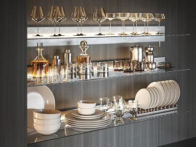 Modern Wine Cabinet Display With Wine Glasses Liquor Bottles Plates And Bowls 3d model