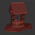 Traditional Well Design Garden Ornament With Brown Tile Roof Wooden Structure And Stone Base