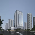 Modern Residential Building With Glass Facade Among High Rise Structures And Greenery