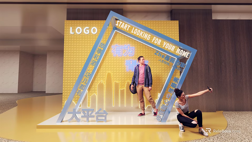 Check in Photo Spot With Blue Frame Yellow Background City Skyline And Text Elements 3d model 