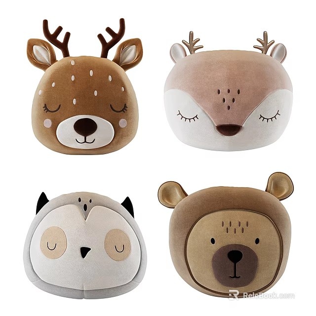 Cute Plush Animal Head Stuffed Toys Deer Owl Bear with Soft Material and Closed Eyes 3d model 