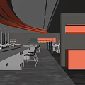 Modern Public Office Space With Long Desks Black Chairs Gray Carpet And Red Curved Ceiling