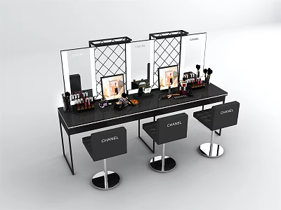 Black Dressing Table With Double Mirrors Cosmetics And High Stools 3d model