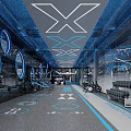 Modern Fitness Gym Interior With Blue Lighting Geometric Ceiling And Workout Equipment