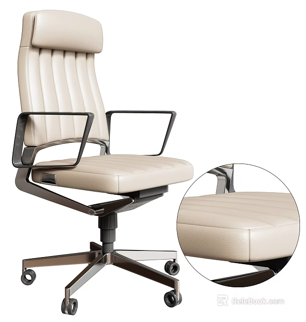 Modern Beige Leather Office Chair With Stitched Backrest Metal Frame And Wheels 3d model 