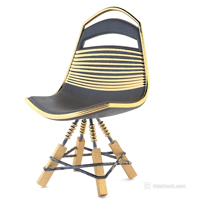 Modern Leisure Chair With Golden Striped Woven Back Black Seat And Wooden Legs 3d model 