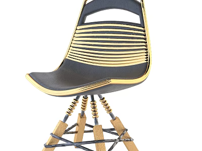 Modern Leisure Chair With Golden Striped Woven Back Black Seat And Wooden Legs 3d model