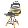 Modern Leisure Chair With Golden Striped Woven Back Black Seat And Wooden Legs