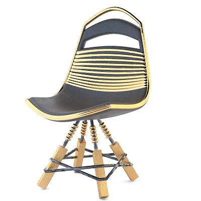 Modern Leisure Chair With Golden Striped Woven Back Black Seat And Wooden Legs 3d model