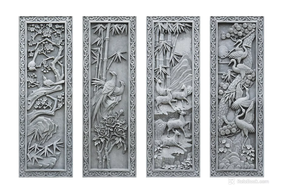Traditional Chinese Carved Panels With Bamboo Birds Deer And Cranes Design 3d model 