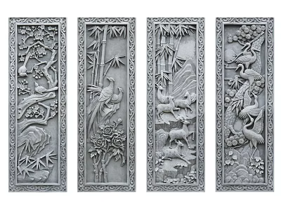 Traditional Chinese Carved Panels With Bamboo Birds Deer And Cranes Design 3d model