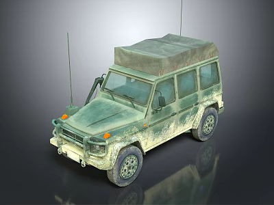 Military Green Off Road Vehicle With Camouflage Pattern Roof Cover And Antenna 3d model
