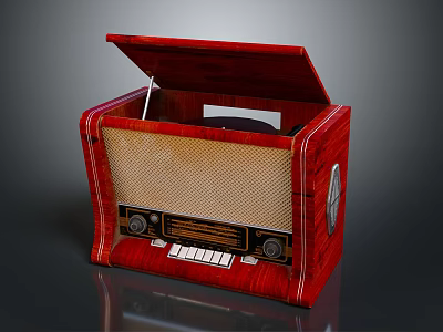 Vintage Electronic Radio With Wooden Case Open Lid And Turntable Knobs Buttons 3d model