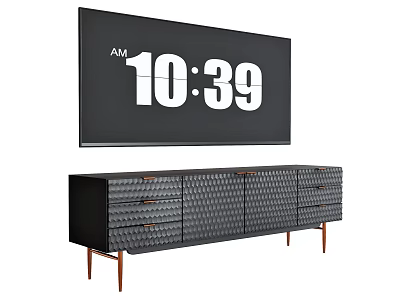 Black TV Stand with Textured Front Drawers and Wooden Legs Under TV Screen Displaying Time 3d model