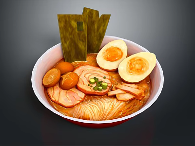 Delicious Ramen Bowl with Soft Boiled Eggs Sliced Meat Nori Pickled Daikon and Scallions 3d model