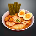 Delicious Ramen Bowl with Soft Boiled Eggs Sliced Meat Nori Pickled Daikon and Scallions