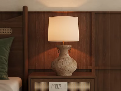 Cozy Wooden Bedside Table With Woven Panel Table Lamp And Warm Light In Bedroom 3d model