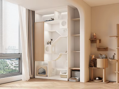 Modern White Built in Cat Tree with Multiple Shelves Cat Bed and Wooden Floor 3d model