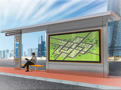 Traffic Direction Sign at Urban Bus Stop with Large Screen Map and Commuter on Bench 3d model