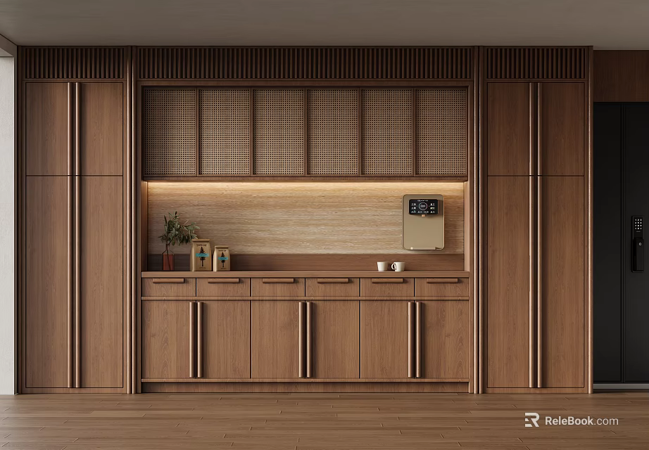 Modern Minimalist Wooden Sideboard with Open Shelves LED Lighting Doors Drawers for Dining Room 3d model 