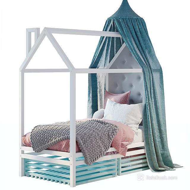 House Shaped Top White Children's Bed With Blue Canopy Pink White Pillows And Gray Blanket 3d model 