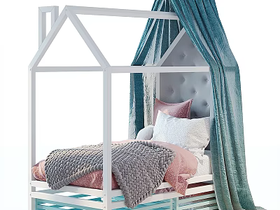 House Shaped Top White Children's Bed With Blue Canopy Pink White Pillows And Gray Blanket 3d model