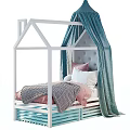 House Shaped Top White Children's Bed With Blue Canopy Pink White Pillows And Gray Blanket
